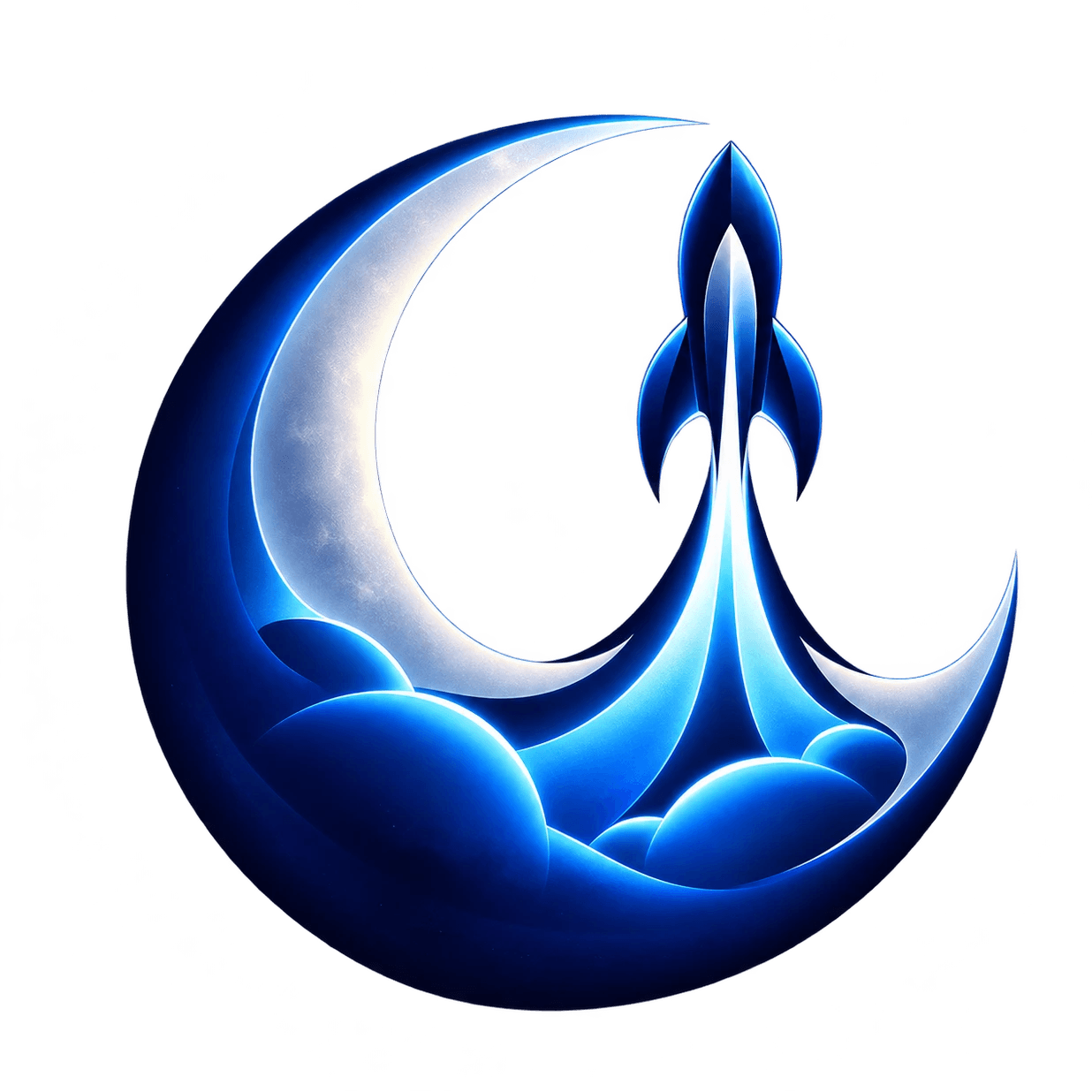 Moonlit Rocket logo: a rocket lifting off from the clouds inside a crescent moon